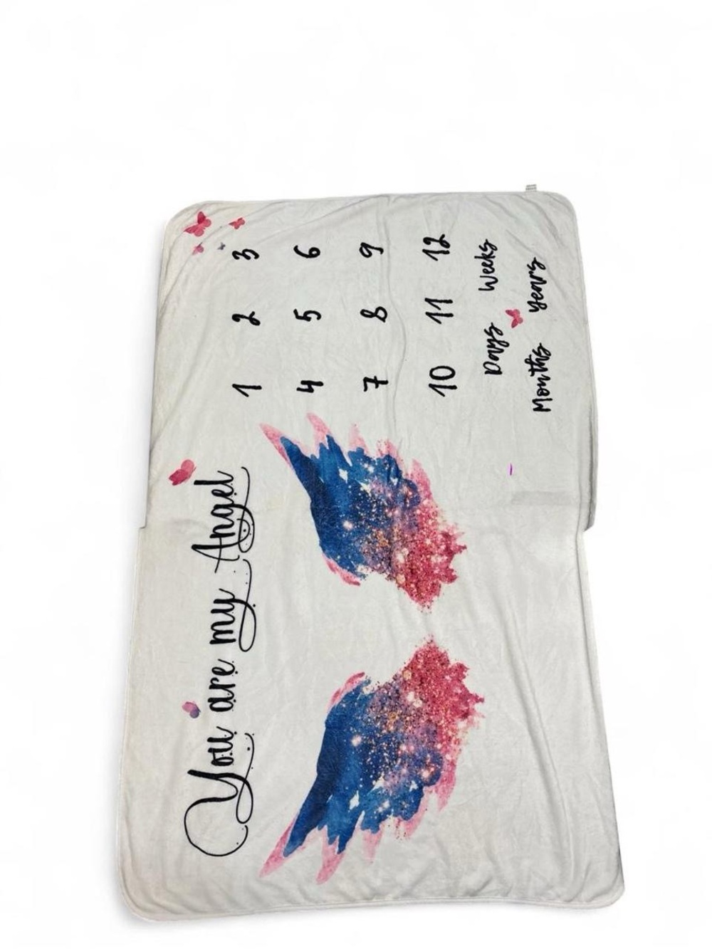 ✨White baby blanket with blue & red angel wings graphic ✨